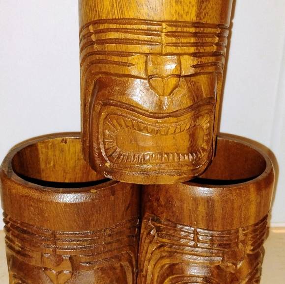 Hawaiian Tki Polynesian Other - ***(VNT) SET OF 3, MATCHING, HAND CARVED, WOODEN, MONKEY POD WOODEN MUGS***